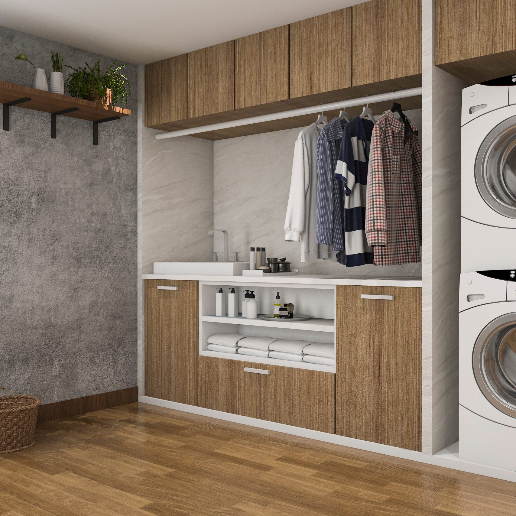 3d rendering wood laundry room with concrete wall