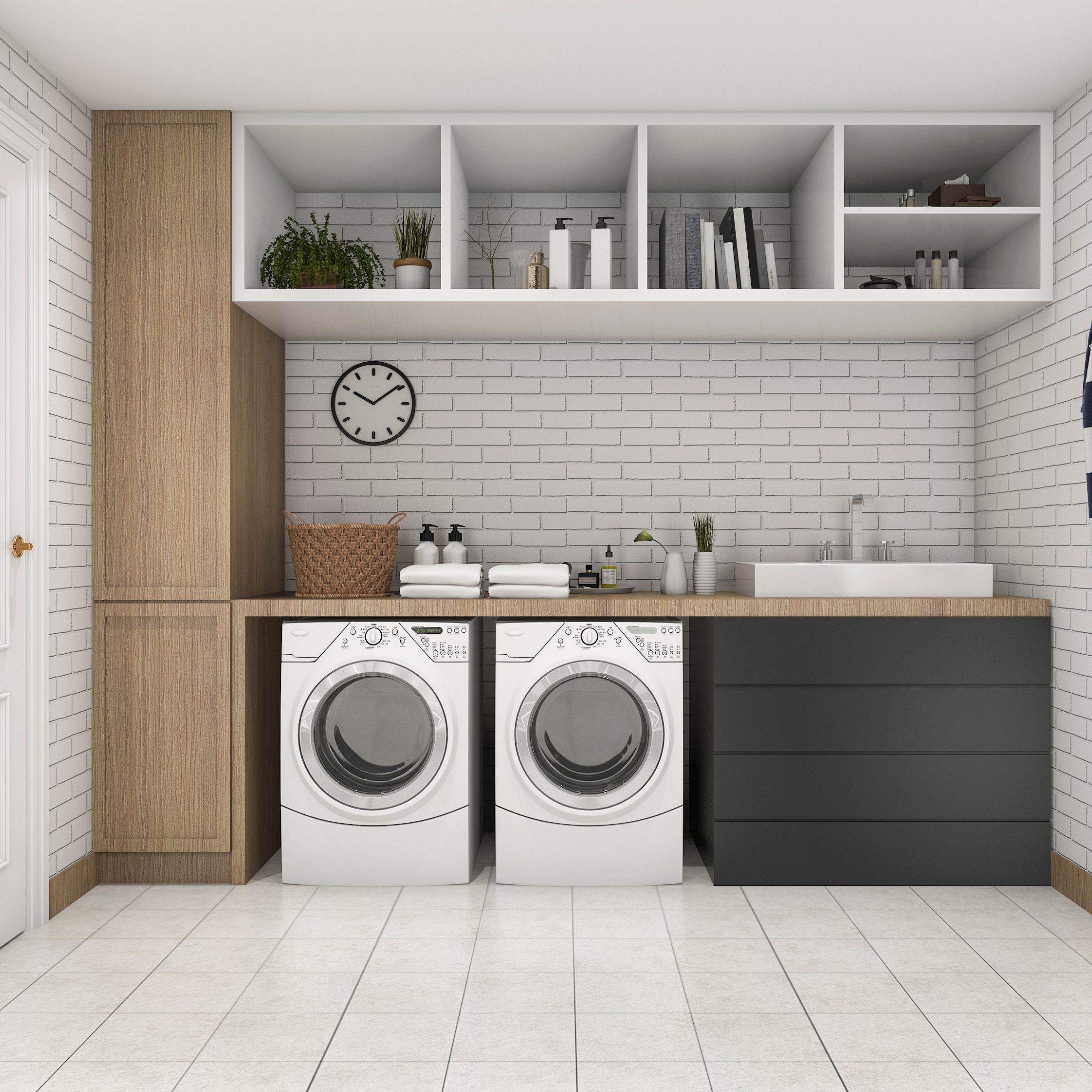3d rendering wood minimal laundry room with shelf and plant