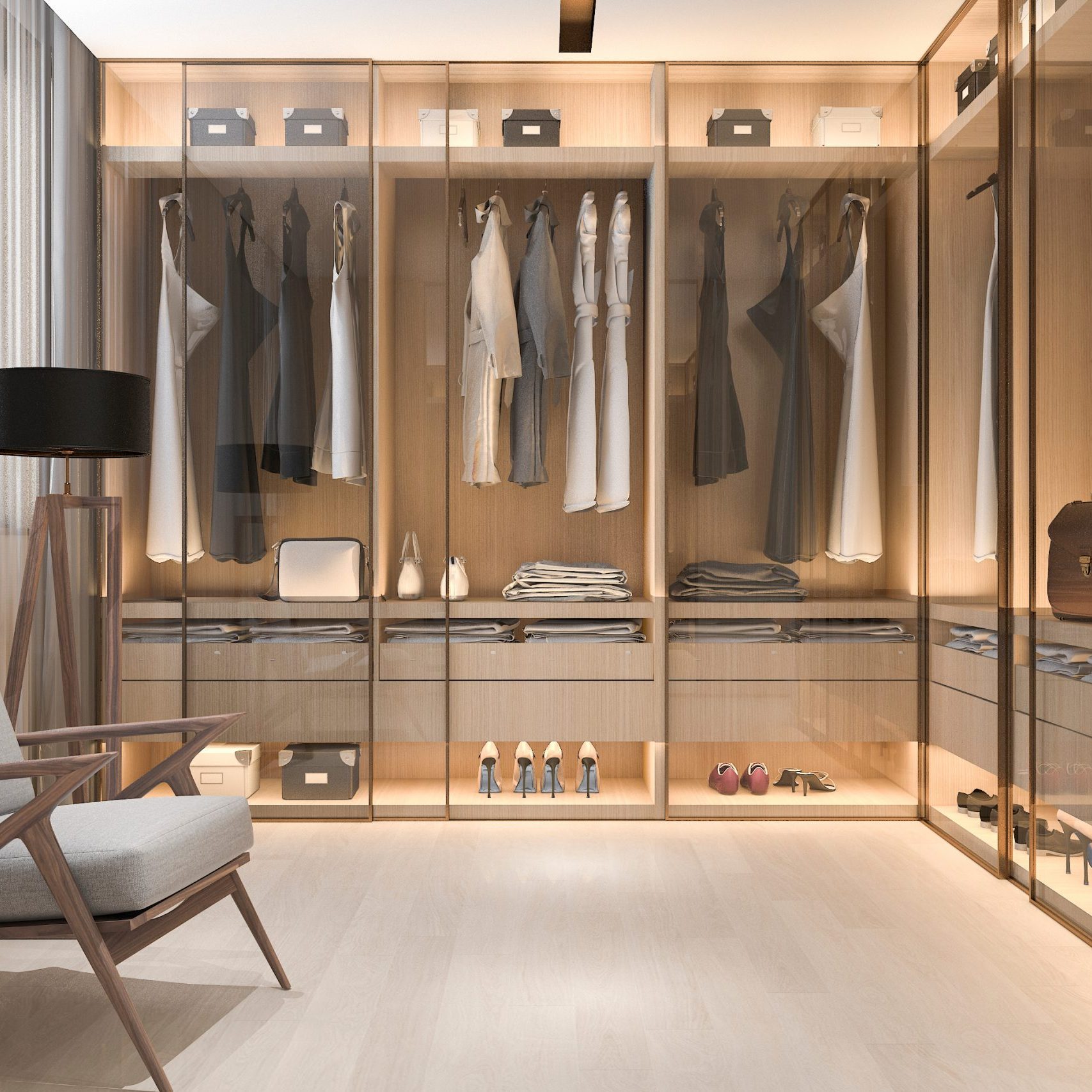 3d rendering minimal scandinavian wood walk in closet with wardr