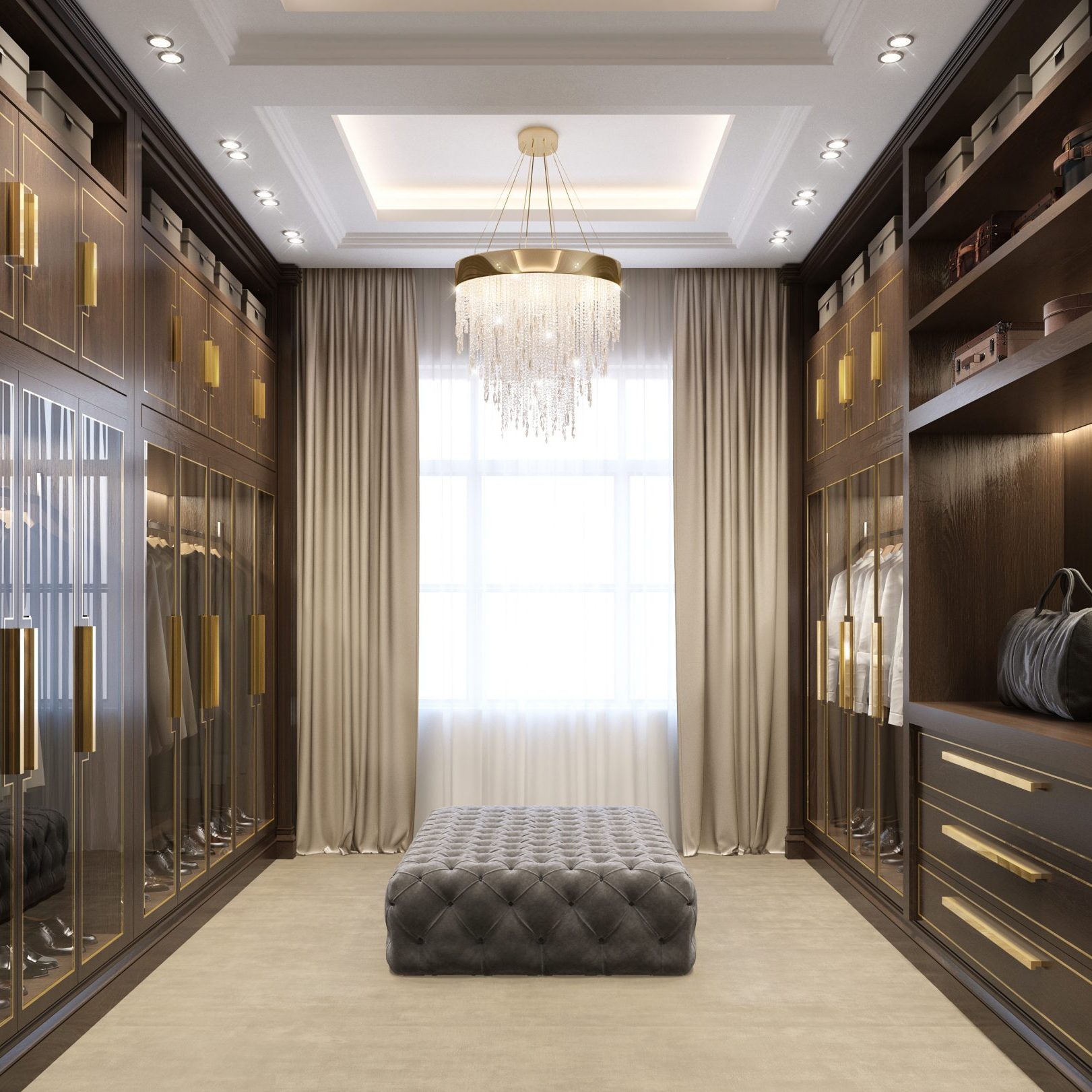 Luxury dressing room with crystal chandelier