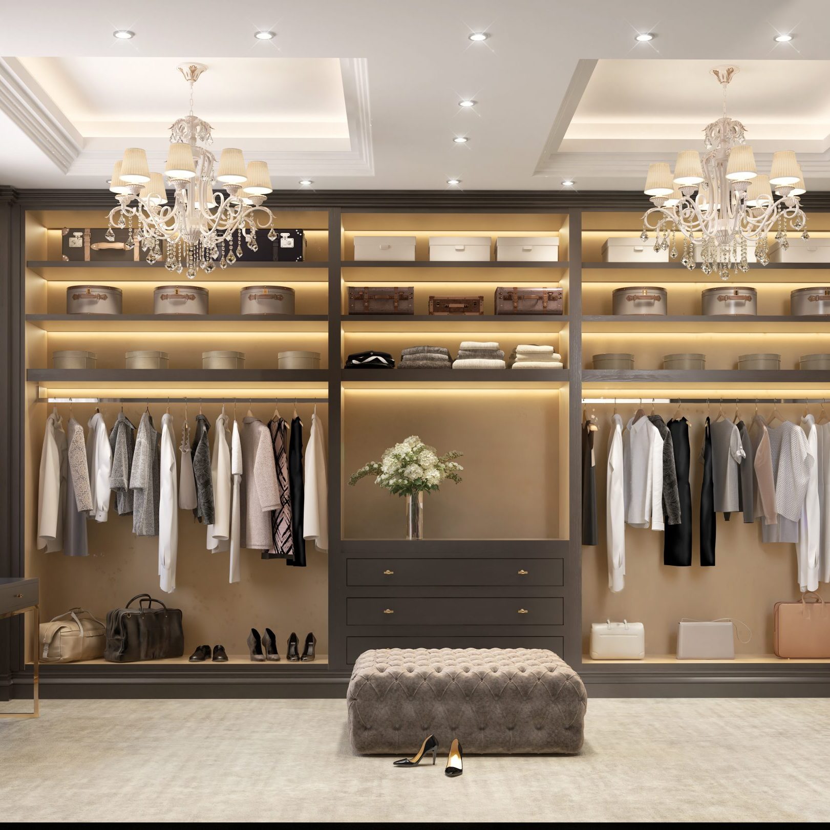 Luxury dressing room with crystal chandeliers