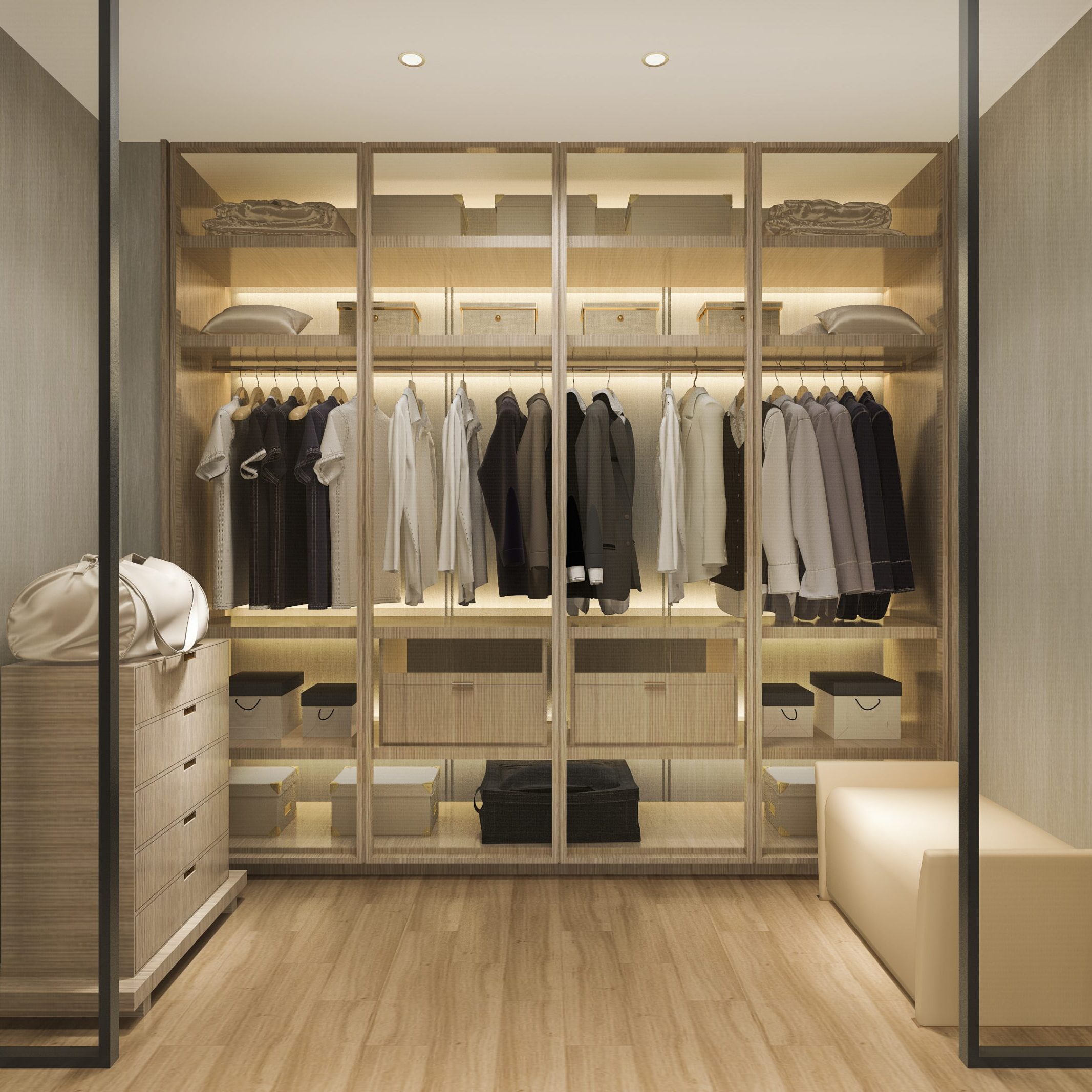 3d rendering luxury scandinavian wood walk in closet with wardro