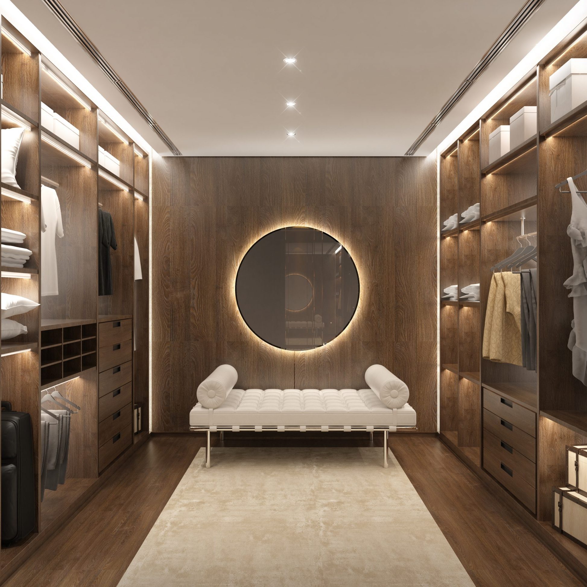 Luxury dark red wood modern men dressing room with daybed