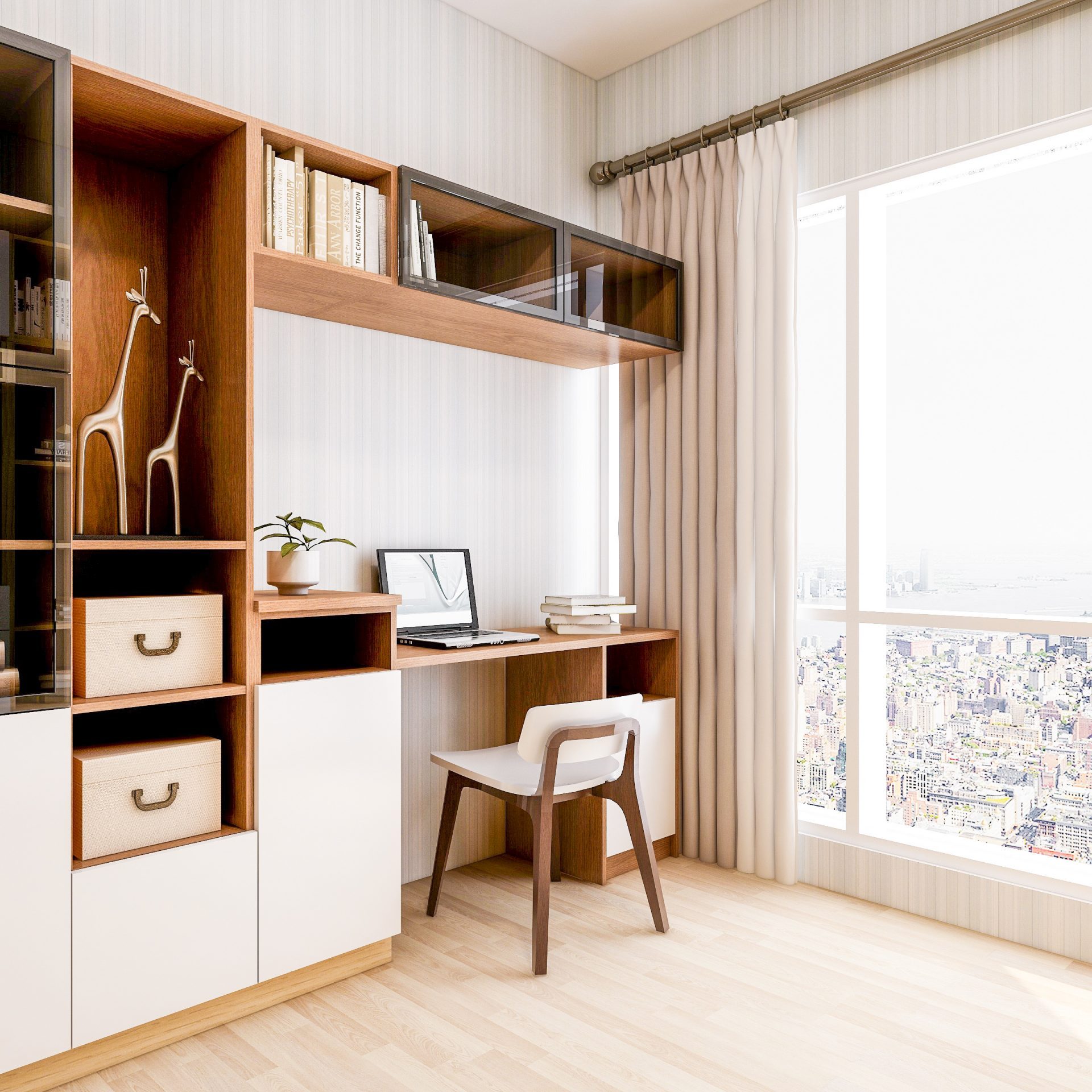 Modern study at home with large floor to ceiling windows and gre