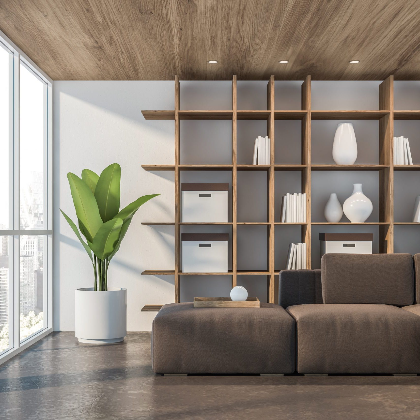 Interior of minimalistic living room with white walls, concrete floor, wooden ceiling, brown sofa and wooden bookcase. Potted plant. 3d rendering