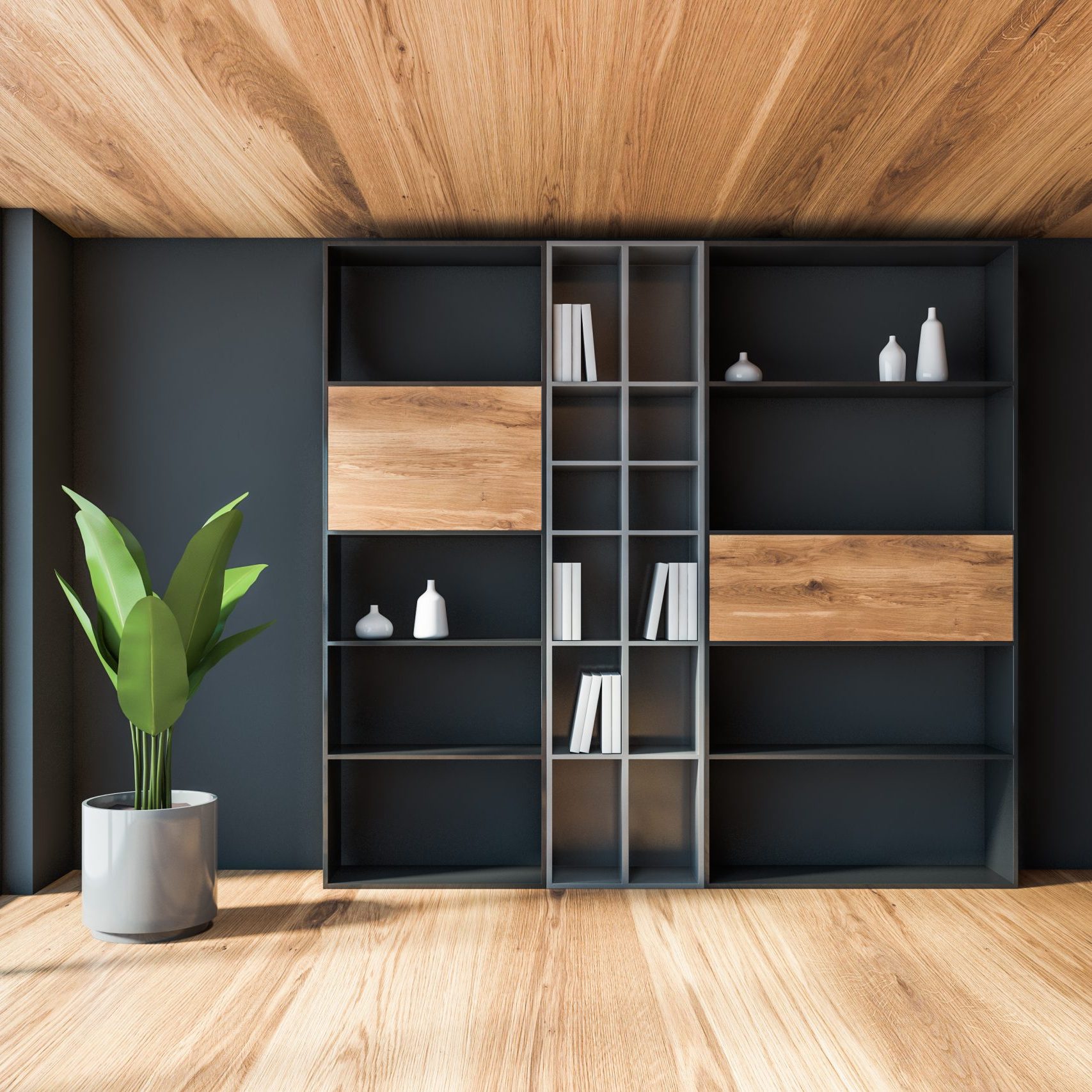 Interior of modern living room with grey walls, panoramic window with blurry cityscape, gray bookcase and potted plant. 3d rendering