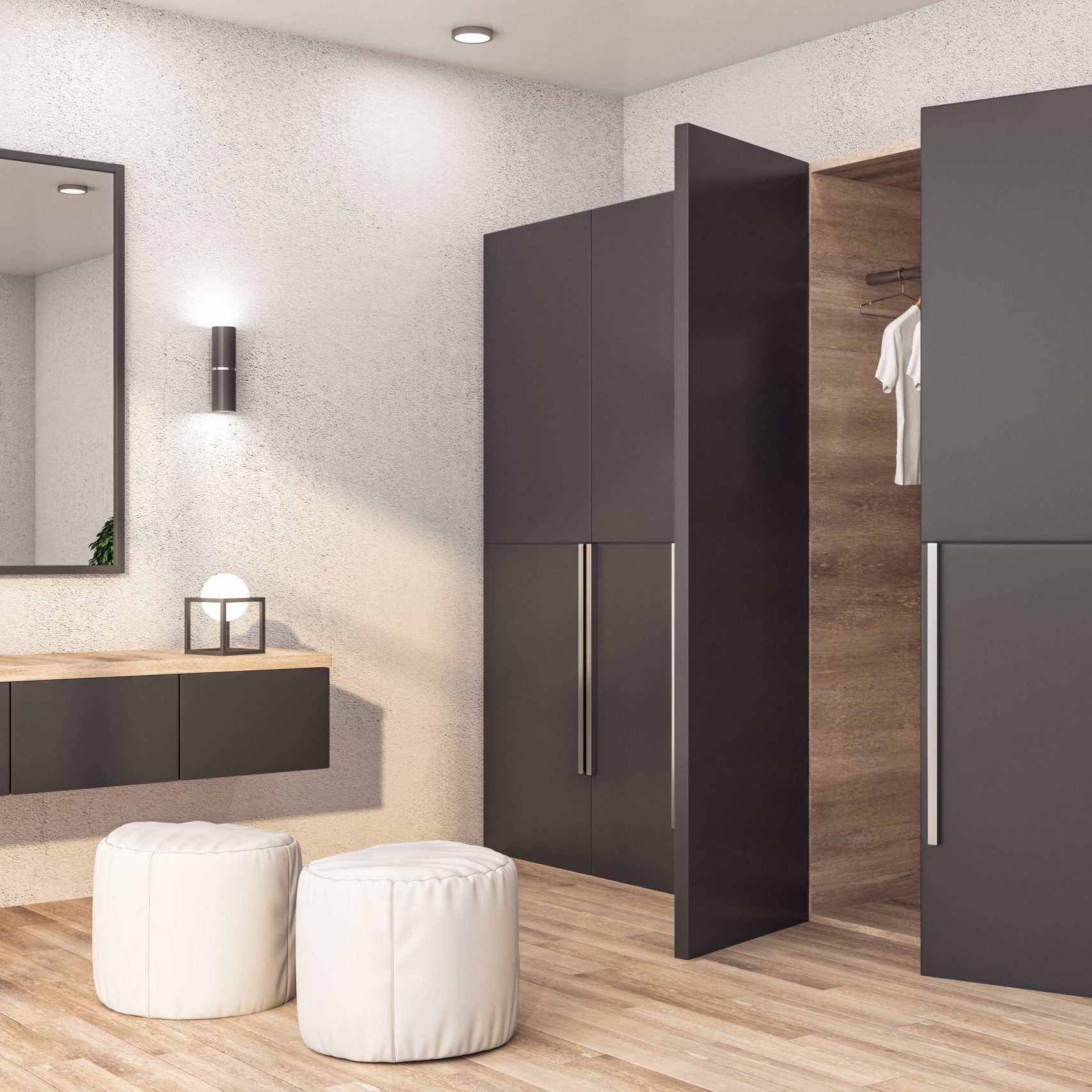 Modern wardrobe with clothes in stylish bedroom interior wooden floor and mirror on wall. 3d rendering