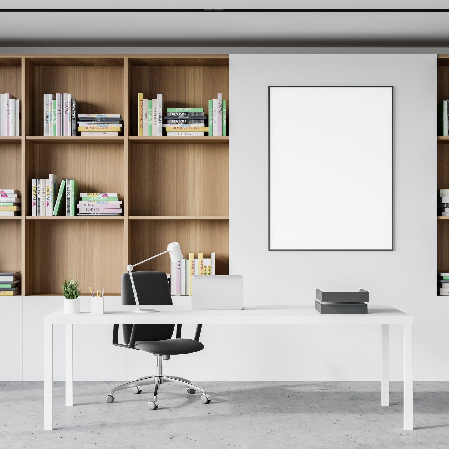 Interior of modern CEO office with white walls, concrete floor, computer table standing near bookcase and vertical mock up poster frame. 3d rendering