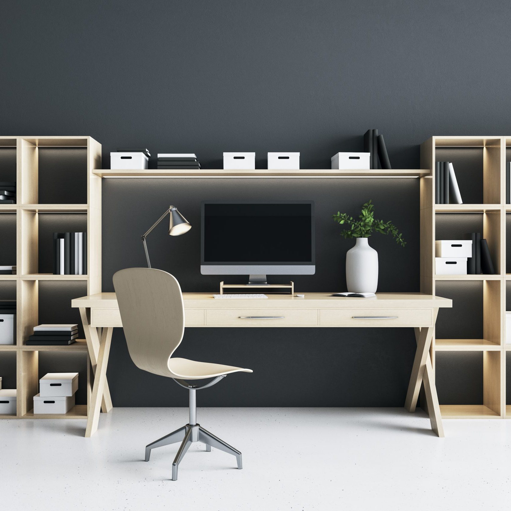 Modern eco style home workplace with light wooden furniture: racks, table and chair, white floor and dark wall. 3D rendering